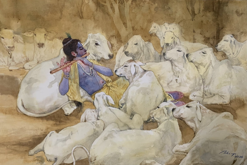 Venu Gopal' religious watercolor painting by artist Abhisarika Nayika, 15x21 inch, on paper