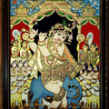 Religious tanjore traditional art titled 'Venugopal Flute Krishna With Cows Tanjor', 30x24 inches, by artist VANI VIJAY on Plywood