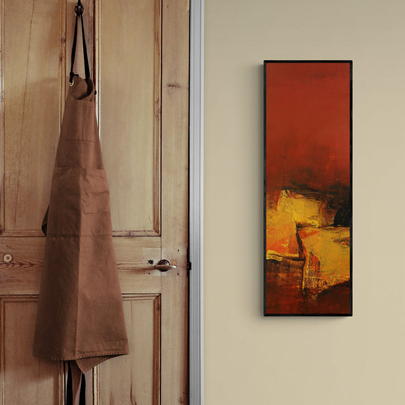 In-situ view of Siddhesh Rane's 'Vertical Composition Iii (Crimson Horizon)' painting in a room