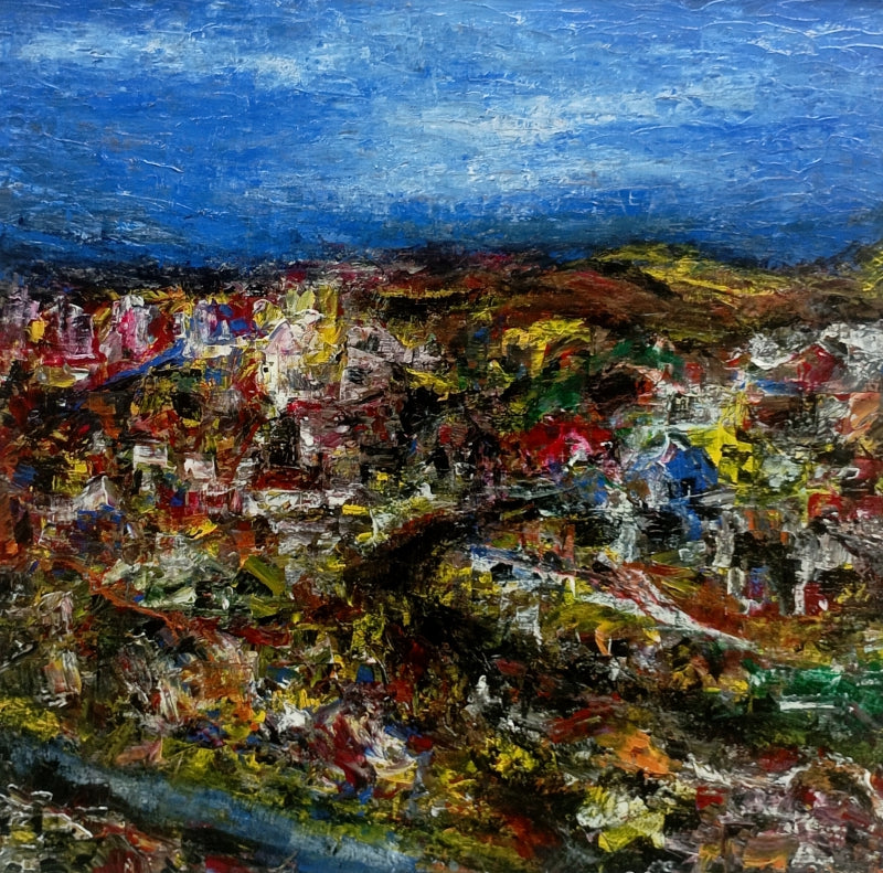 'Vibrant Cityscape Under Blue Sky' landscape acrylic painting by artist Ganesh Singh, 24x24 inch, on canvas