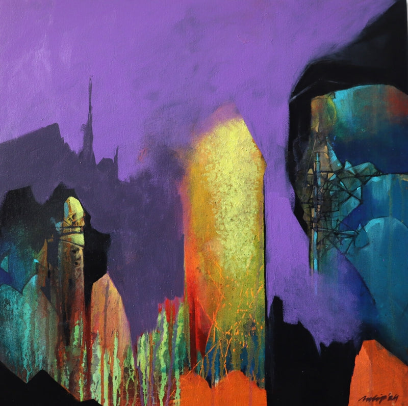 Vibrant Echoes' contemporary acrylic painting by artist Pradip Sengupta, 24x24 inch, on canvas
