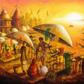 Cityscape acrylic painting titled 'Vibrant Ghats Of Varanasi 9', 20x24 inches, by artist Anirban Seth on Canvas