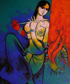 Vibrant Music (Melodic Muse: A Flutes Enchantment) by Arvind Kolapkar, Original Acrylic Figurative Painting on Canvas, Medium Vertical Wall Art