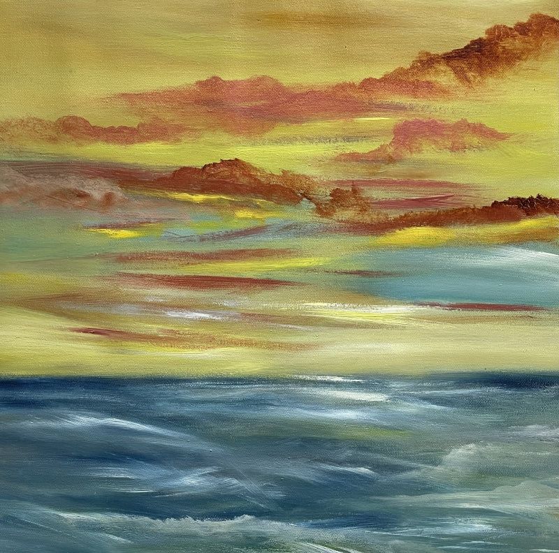 Vibrant Seascape At Sunset' abstract oil painting by artist Umesh Pandey, 16x16 inch, on canvas