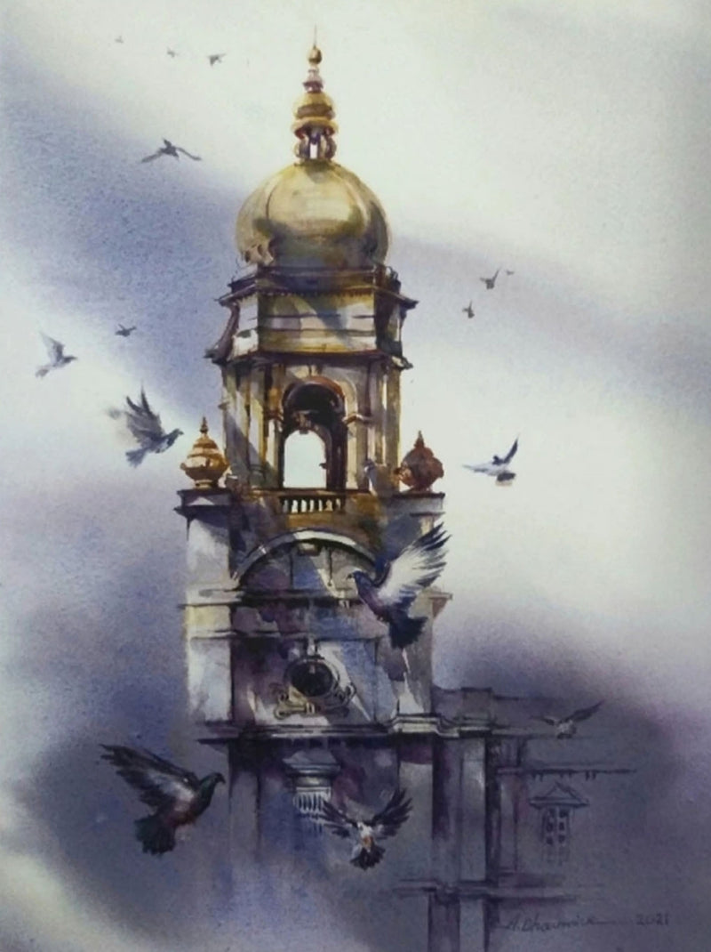 'Victoria Memorial 1' cityscape watercolor painting by artist Ajoy Bhowmick, 14x11 inch, on paper