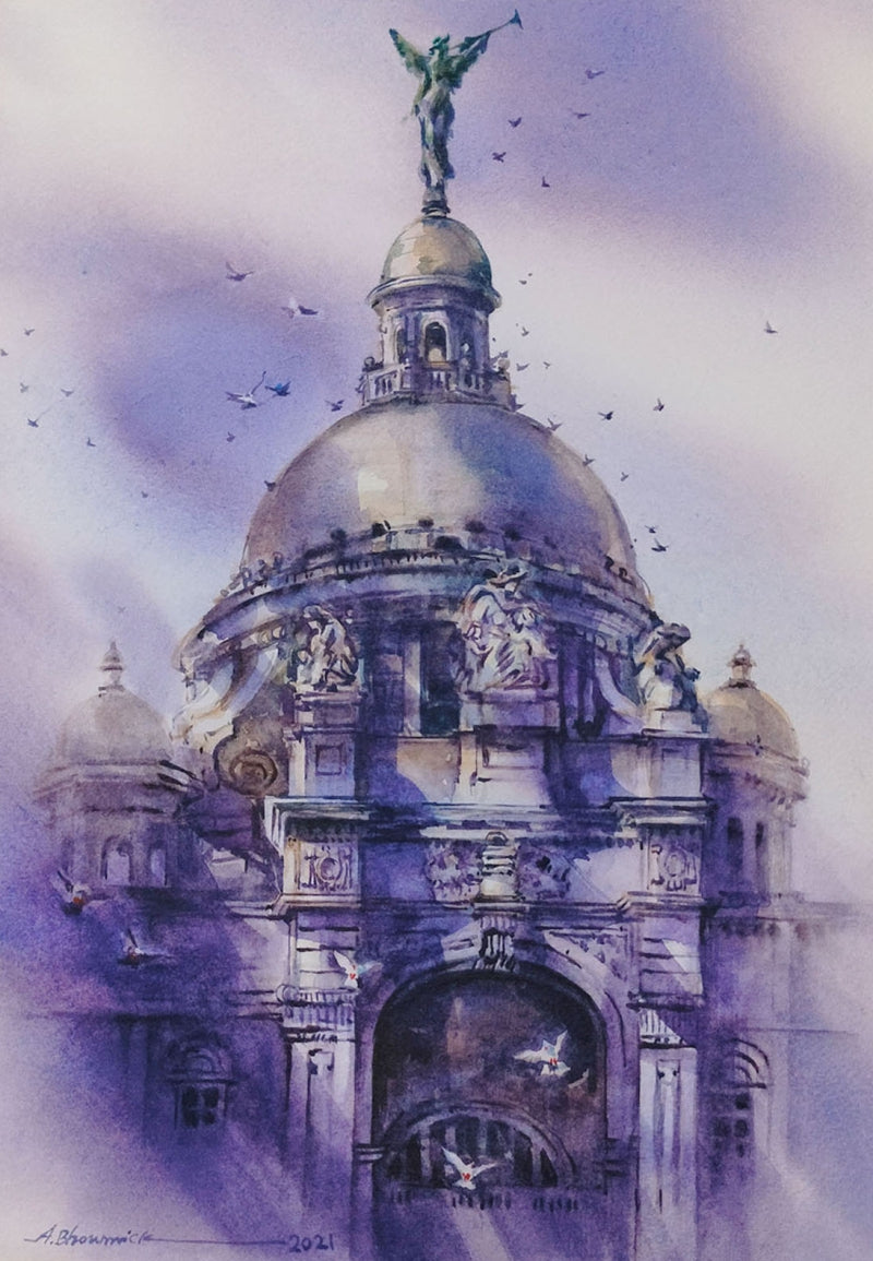 'Victoria Memorial 2' cityscape watercolor painting by artist Ajoy Bhowmick, 14x11 inch, on paper