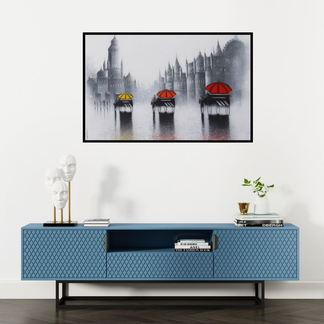 Preview of 'Victoria Ride In Mumbai' Painting by Somnath Bothe shown on a wall in a furnished room.