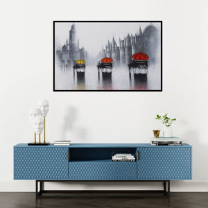 Preview of 'Victoria Ride In Mumbai' Painting by Somnath Bothe shown on a wall in a furnished room.