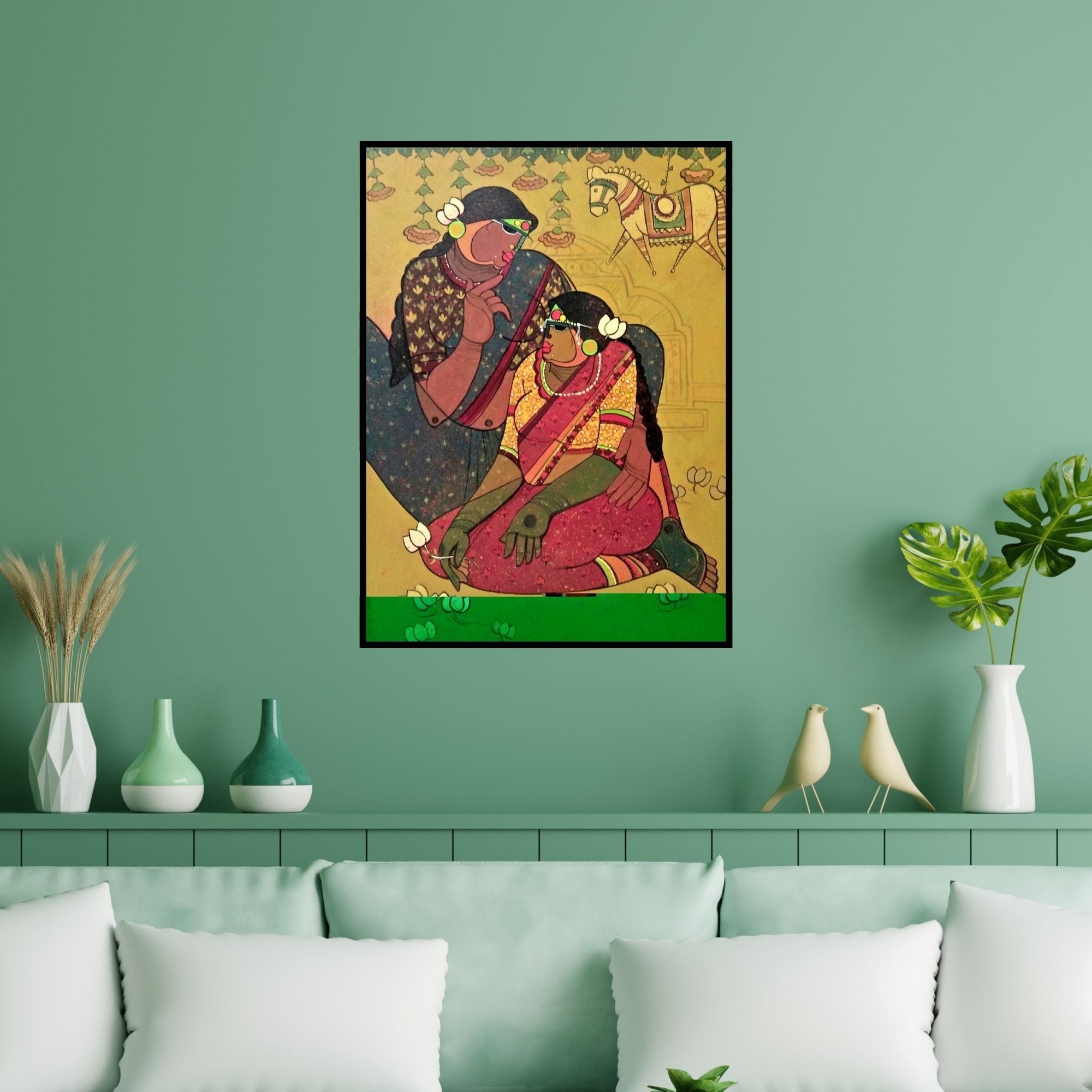 Preview of 'Vidaai (A Bond of Love)' Painting by Priyanka Chivte shown on a wall in a furnished room.