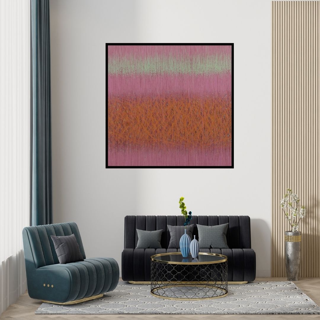 Preview of 'Videh 11' Painting by Satish Bhaisare shown on a wall in a furnished room.