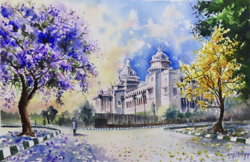 Vidhana Soudhain Spring' landscape watercolor painting by artist Lasya Upadhyaya, 15x22 inch, on paper