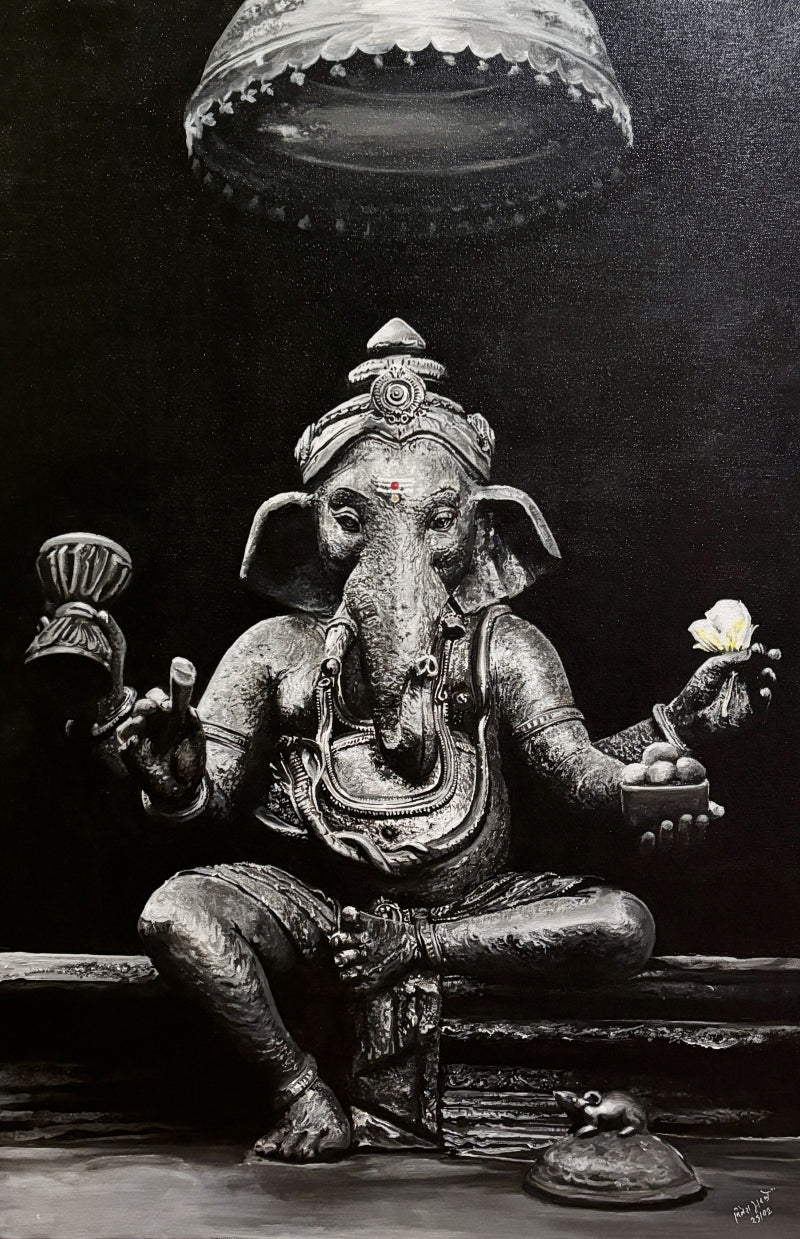 Vighanharta' religious charcoal painting by artist Nilesh Gavale, 36x24 inch, on paper