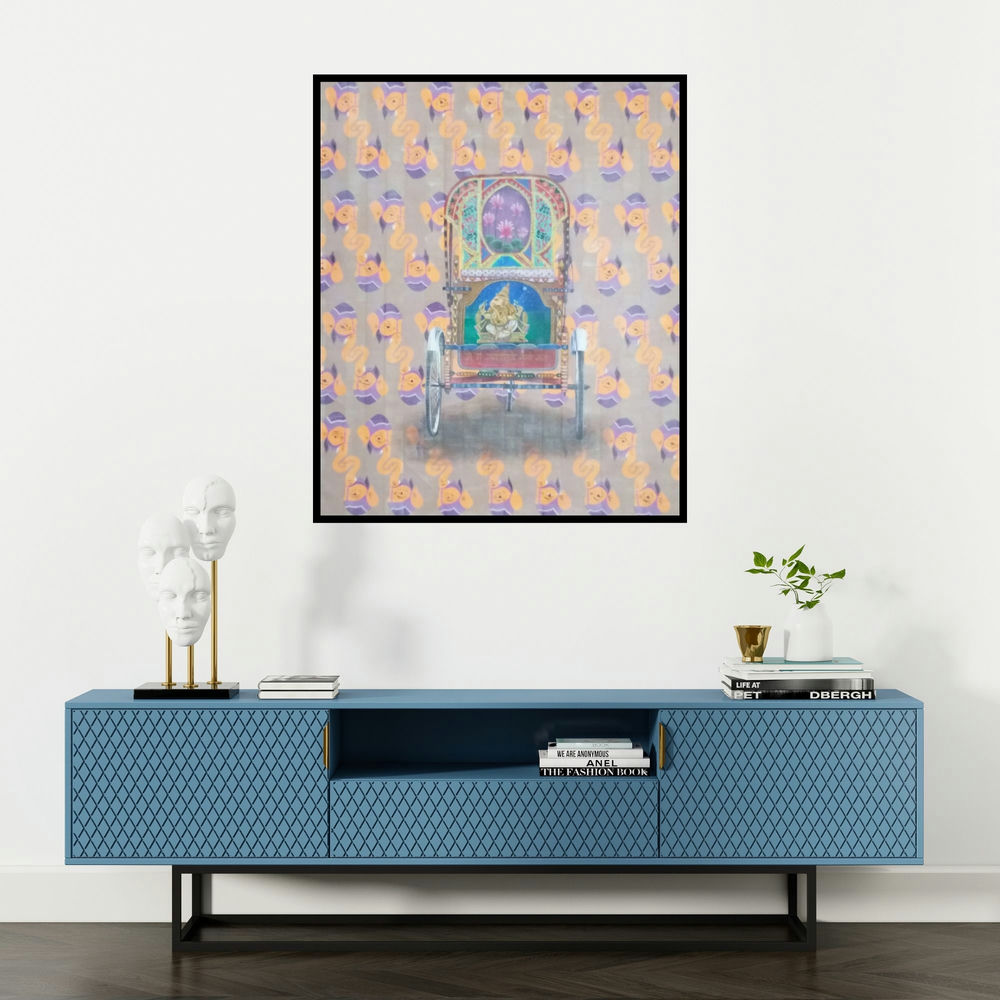 Kamlesh Chavda's 'Vighnarajendra (Ganesha Rickshaw) (Rickshaw Ride)' painting visualized above a sofa in a contemporary room.