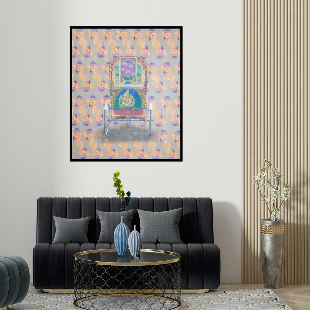 'Vighnarajendra (Ganesha Rickshaw) (Rickshaw Ride)' painting by Kamlesh Chavda shown on a wall in a furnished room.