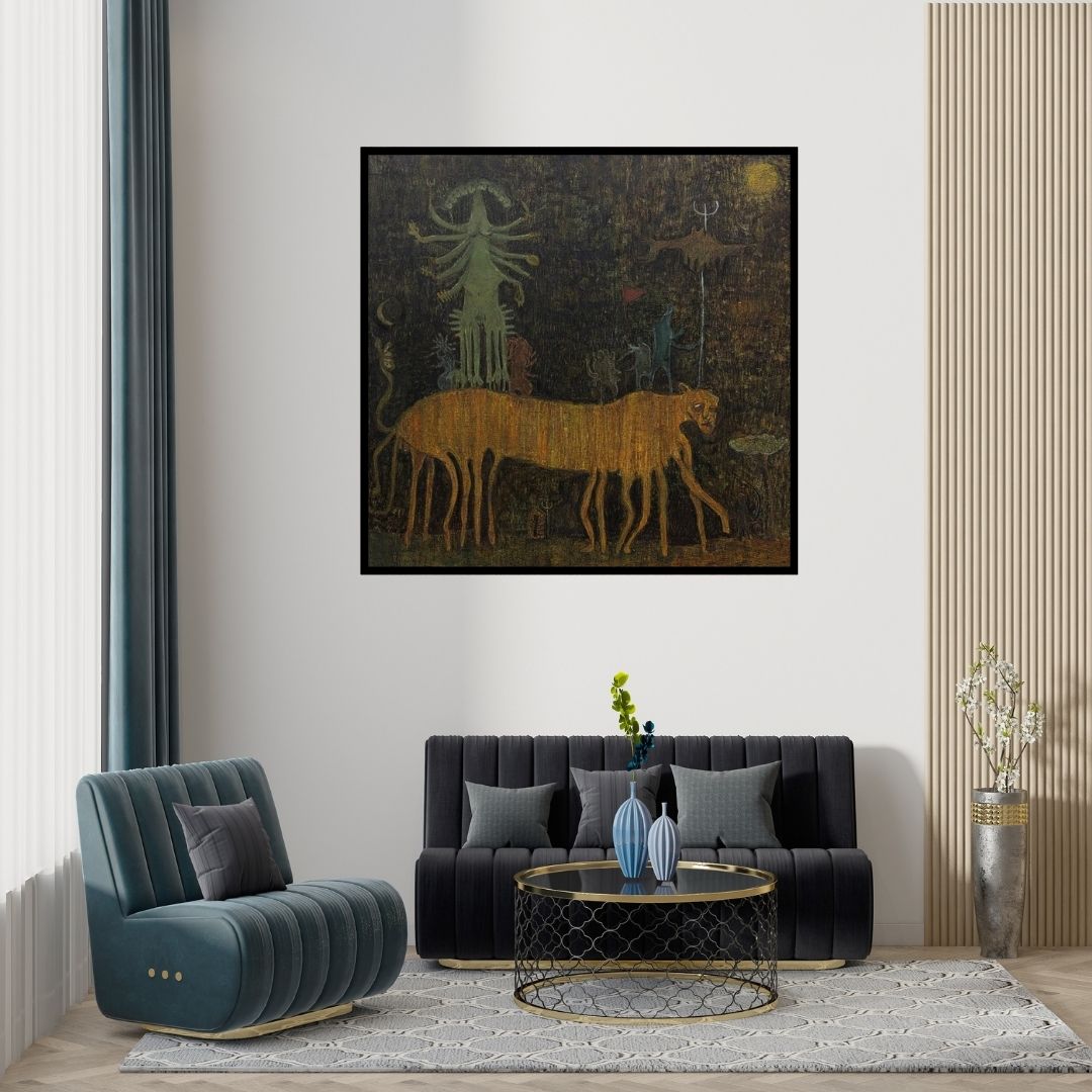 Preview of 'Vijaya (Tiger Spirit)' Painting by Darshan Mahajan shown on a wall in a furnished room.