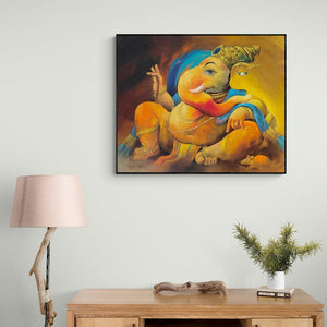 Preview of 'Vikat (Blessings of Ganesha)' Painting by Namdev M Patil shown on a wall in a furnished room.
