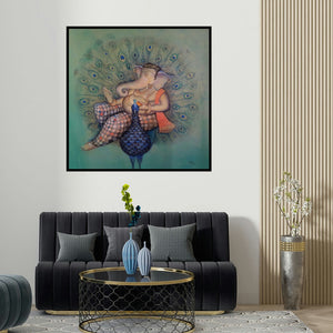 Pooja Mhatre's 'Vikat Roop (Ganesha on Peacock)' painting visualized above a sofa in a contemporary room.