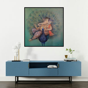 'Vikat Roop (Ganesha on Peacock)' painting by Pooja Mhatre shown on a wall in a furnished room.
