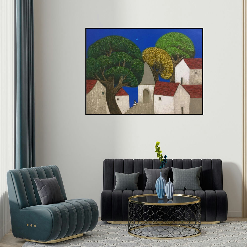 'Village 14' painting by Nagesh Ghodke shown on a wall in a furnished room.