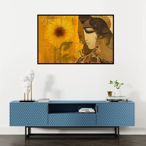 Preview of 'Village 15' Painting by Siddharth Shingade shown on a wall in a furnished room.