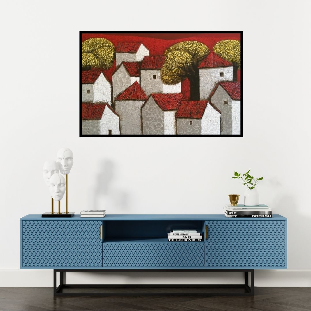 Preview of 'Village 15' Painting by Nagesh Ghodke shown on a wall in a furnished room.