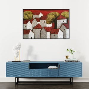 Preview of 'Village 15' Painting by Nagesh Ghodke shown on a wall in a furnished room.