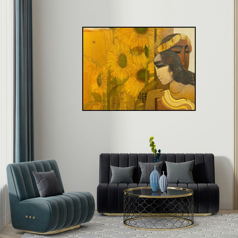 Siddharth Shingade's 'Village 16' painting visualized above a sofa in a contemporary room.