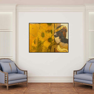 'Village 16' painting by Siddharth Shingade shown on a wall in a furnished room.