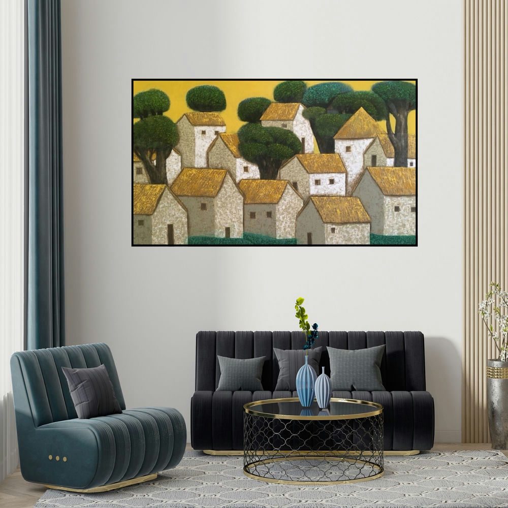 Nagesh Ghodke's 'Village 16' painting visualized above a sofa in a contemporary room.