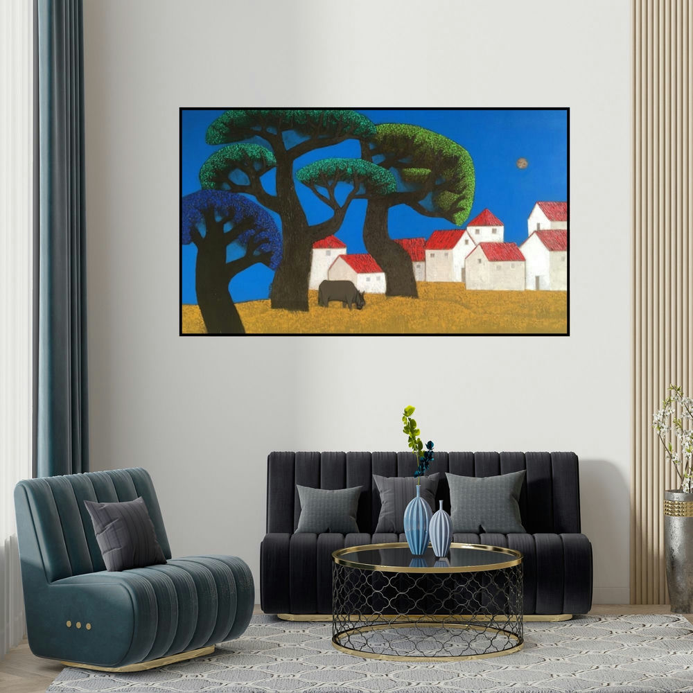 Nagesh Ghodke's 'Village 18' painting visualized above a sofa in a contemporary room.