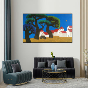 Nagesh Ghodke's 'Village 18' painting visualized above a sofa in a contemporary room.
