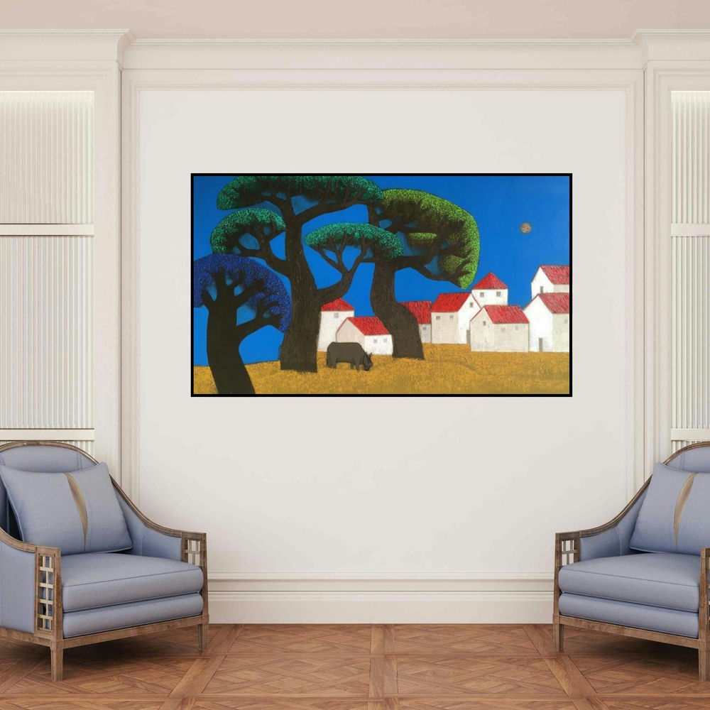'Village 18' painting by Nagesh Ghodke shown on a wall in a furnished room.