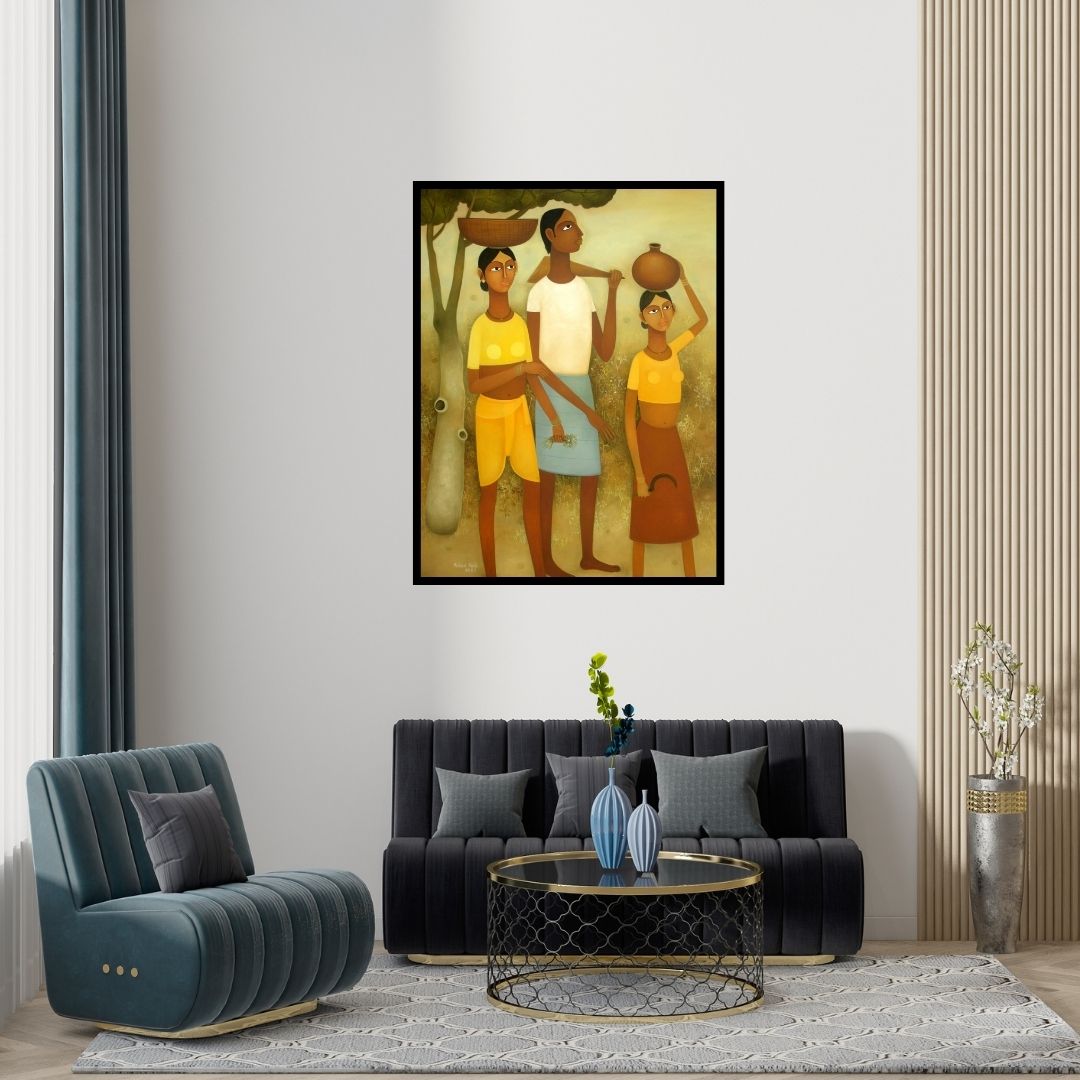 Preview of 'Village 2 (Joyful Moments)' Painting by Mohan Naik shown on a wall in a furnished room.
