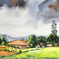Landscape watercolor painting titled 'Village 2', 20x28 inches, by artist Ramdas Thorat on Paper