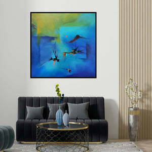 Sanjay Dhawale's 'Village (Twilight Hues)' painting visualized above a sofa in a contemporary room.