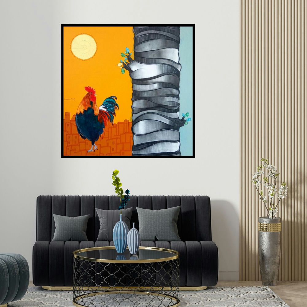 Shankar Lohar's 'Village' painting visualized above a sofa in a contemporary room.