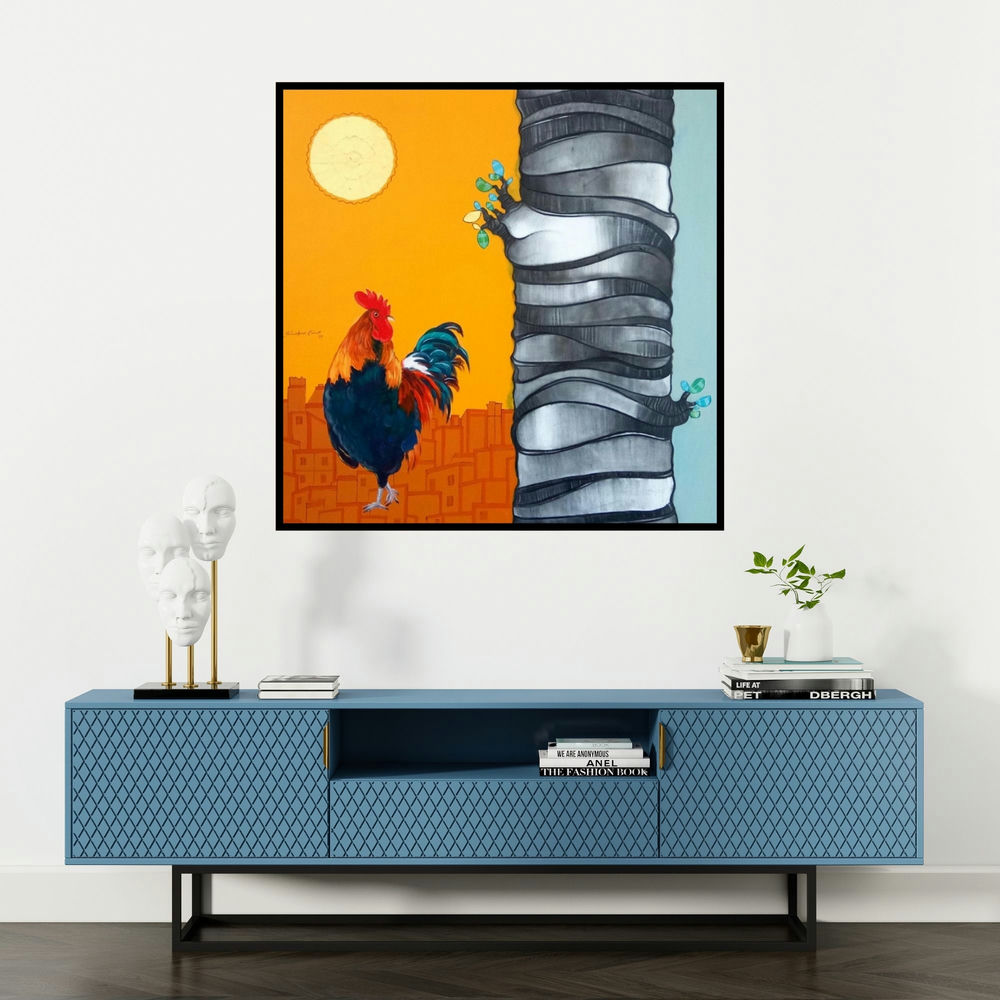 'Village' painting by Shankar Lohar shown on a wall in a furnished room.