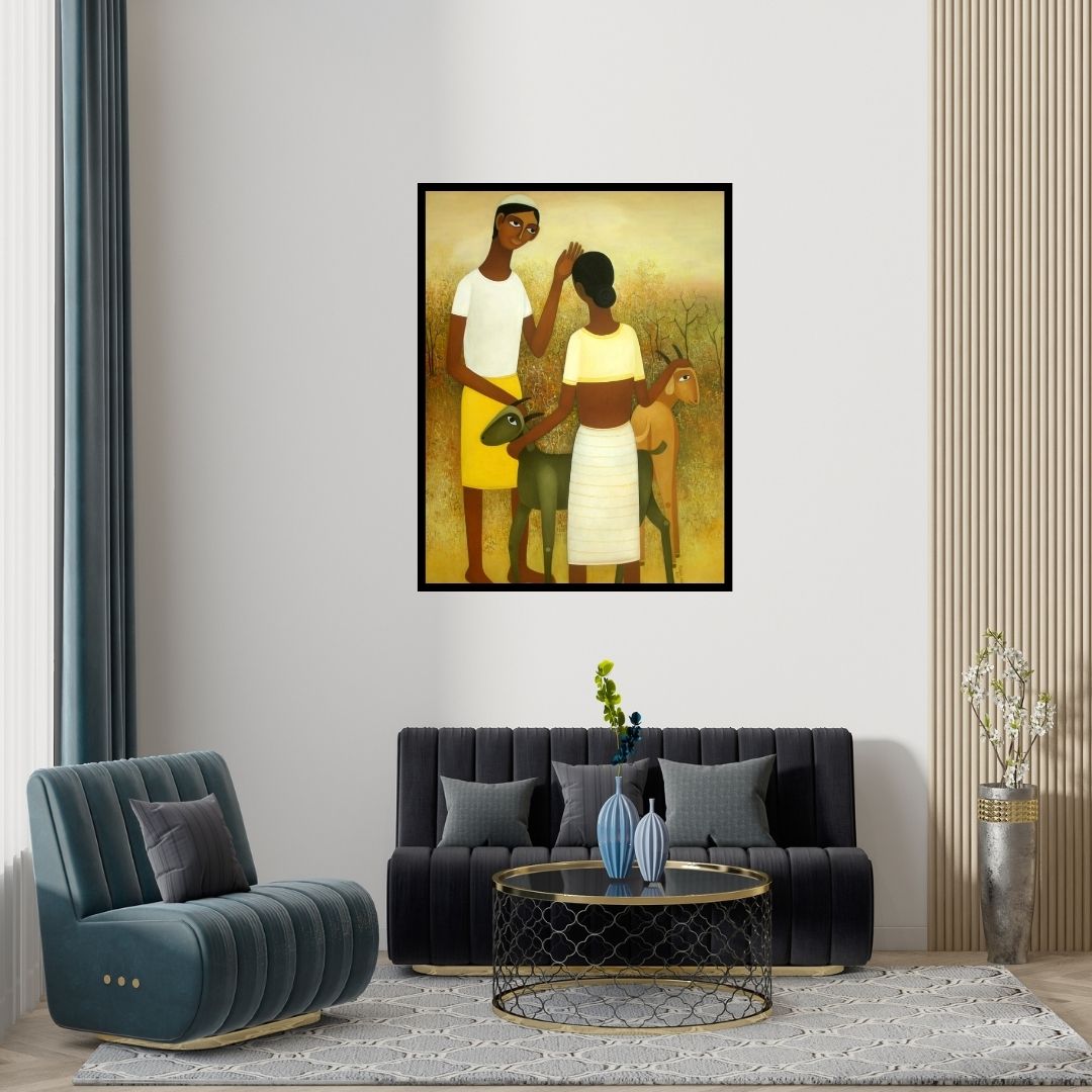 Preview of 'Village' Painting by Mohan Naik shown on a wall in a furnished room.