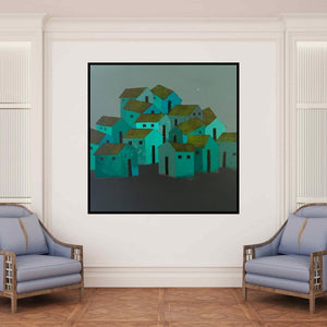 In-situ view of Nagesh Ghodke's 'Village 3' painting in a room