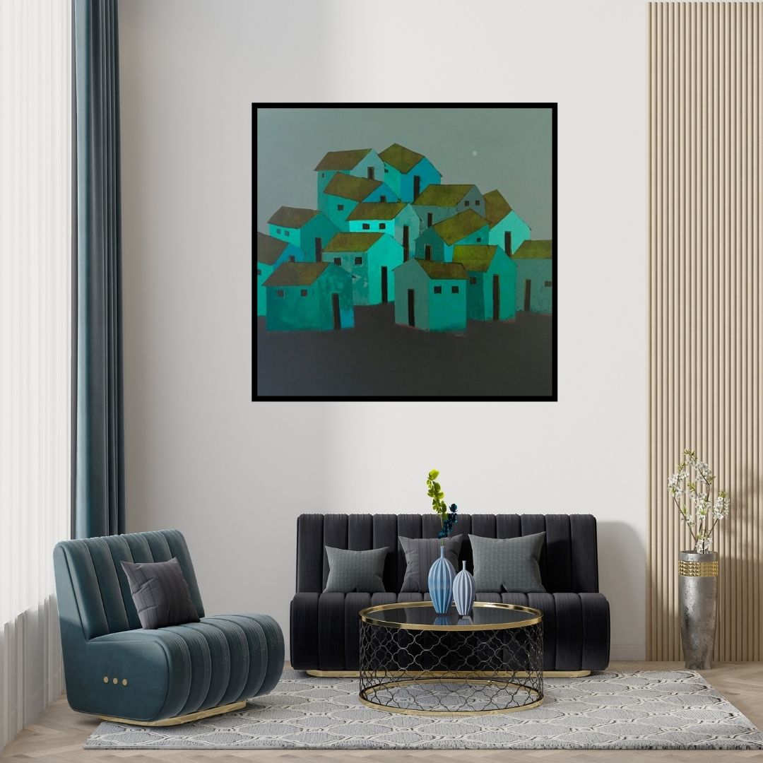 Preview of 'Village 3' Painting by Nagesh Ghodke shown on a wall in a furnished room.