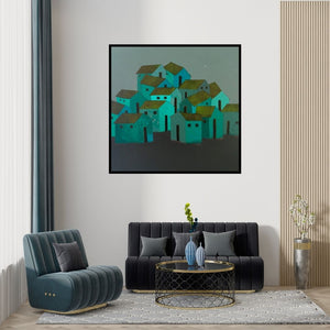 Preview of 'Village 3' Painting by Nagesh Ghodke shown on a wall in a furnished room.