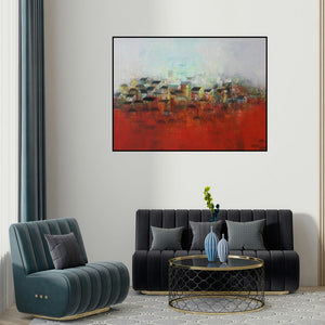 M Singh's 'The Village' painting visualized above a sofa in a contemporary room.