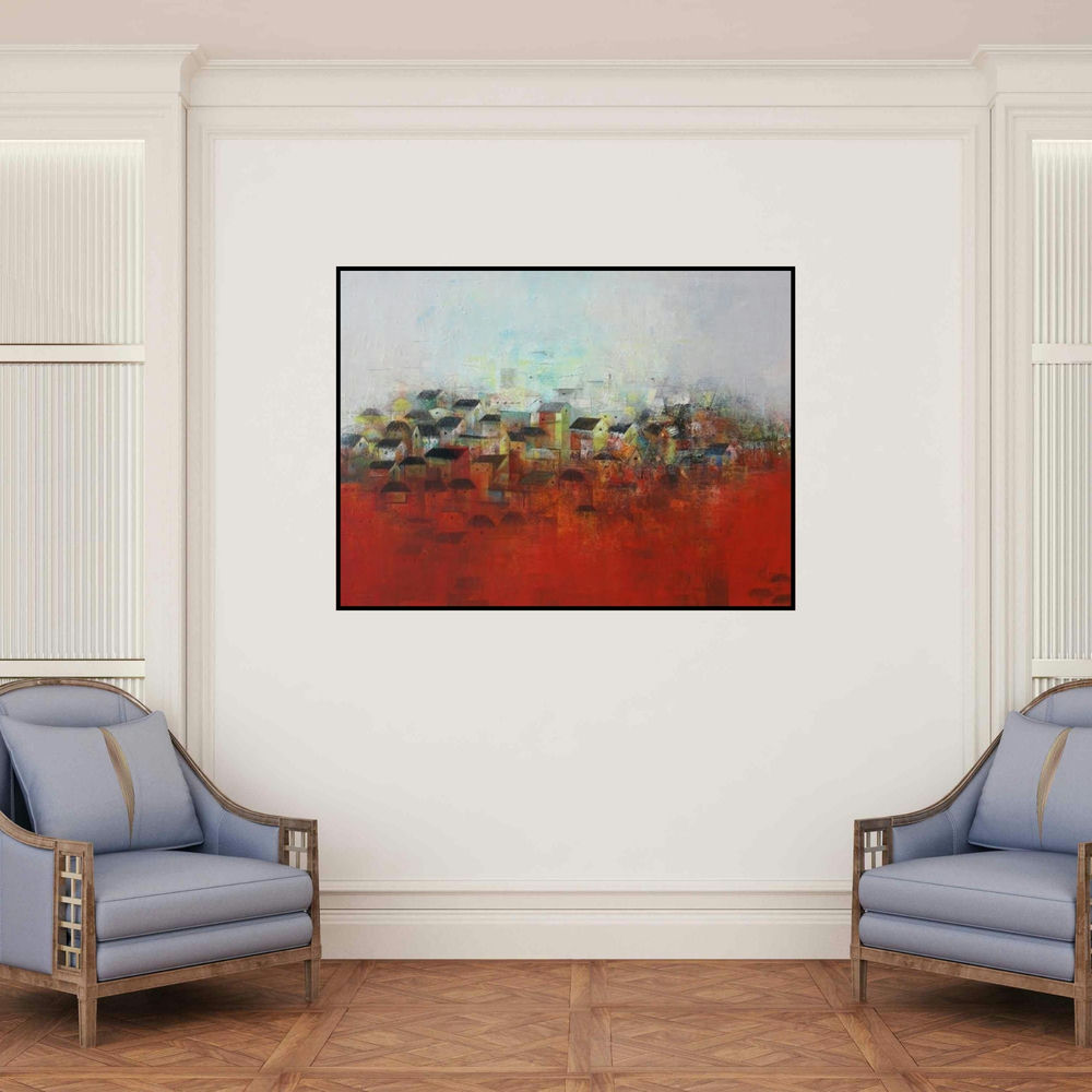 'The Village' painting by M Singh shown on a wall in a furnished room.