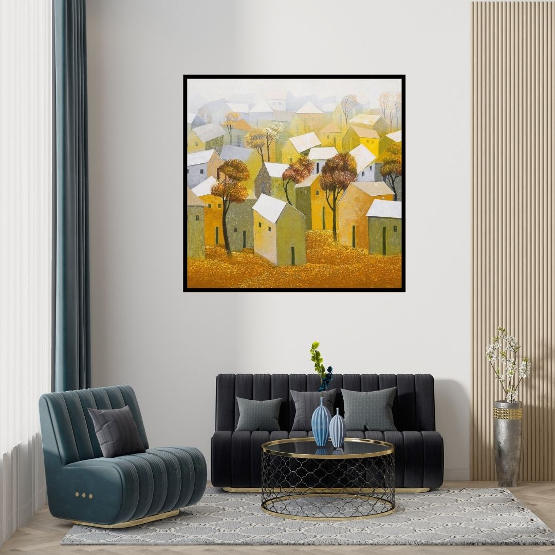 Preview of 'Village 5' Painting by Nagesh Ghodke shown on a wall in a furnished room.