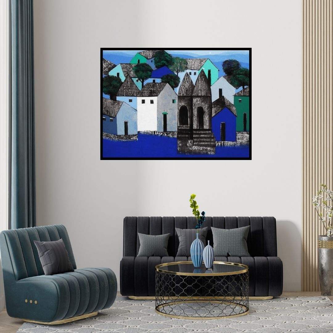 Preview of 'Village' Painting by Nagesh Ghodke shown on a wall in a furnished room.