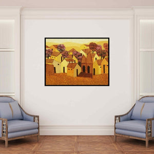 In-situ view of Nagesh Ghodke's 'Village' painting in a room