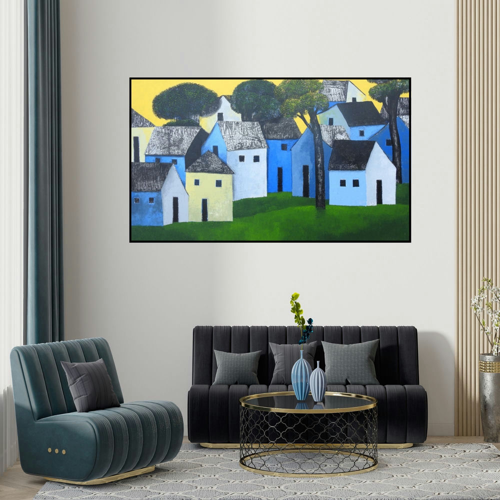Nagesh Ghodke's 'Village 67' painting visualized above a sofa in a contemporary room.