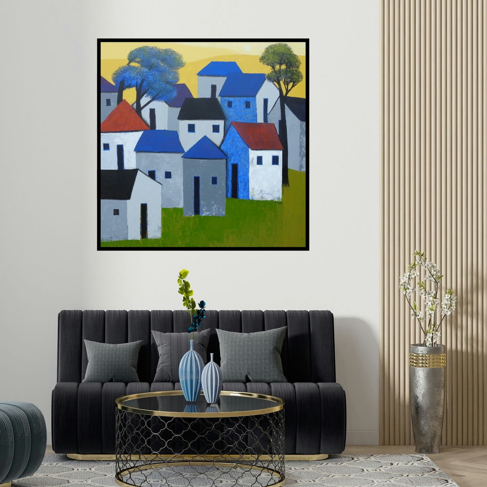 Nagesh Ghodke's 'Village 76' painting visualized above a sofa in a contemporary room.