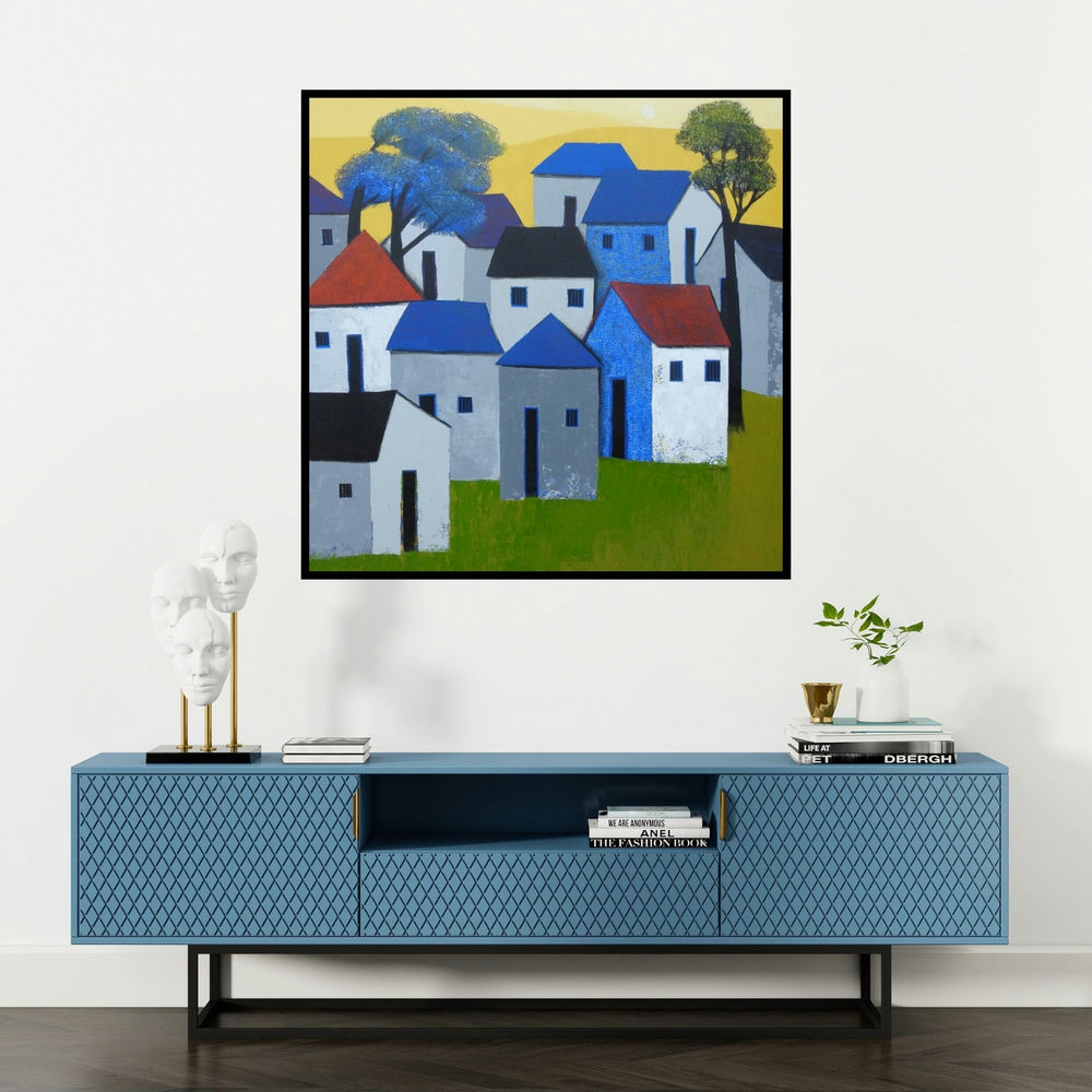 'Village 76' painting by Nagesh Ghodke shown on a wall in a furnished room.