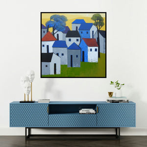 'Village 76' painting by Nagesh Ghodke shown on a wall in a furnished room.